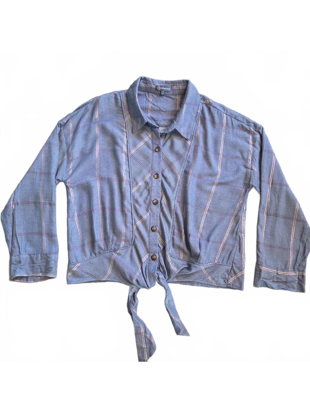 Democracy Blue Plaid Button-Up Shirt with Tie Front, Size Small